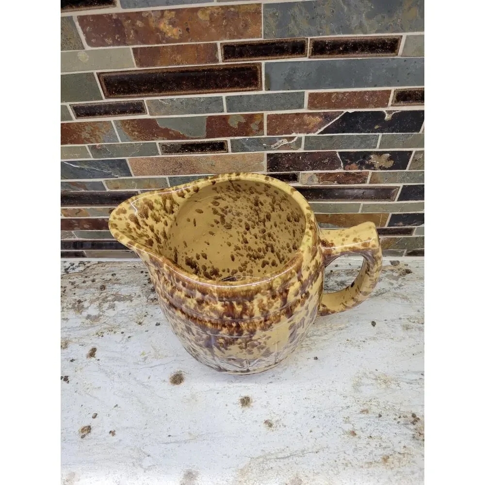 Antique Morton Potteries Spongeware Yellowware Barrel Pitcher Woodland Glaze
